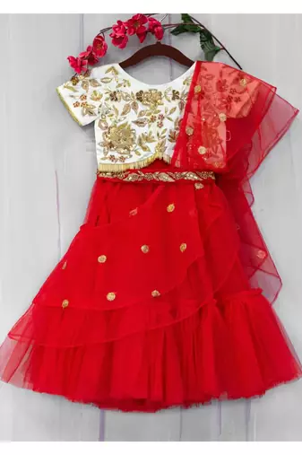 hand embroidered zari work red and golden attached dupatta lehenga