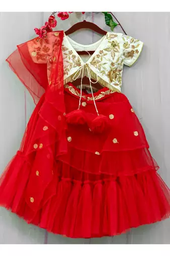 hand embroidered zari work red and golden attached dupatta lehenga