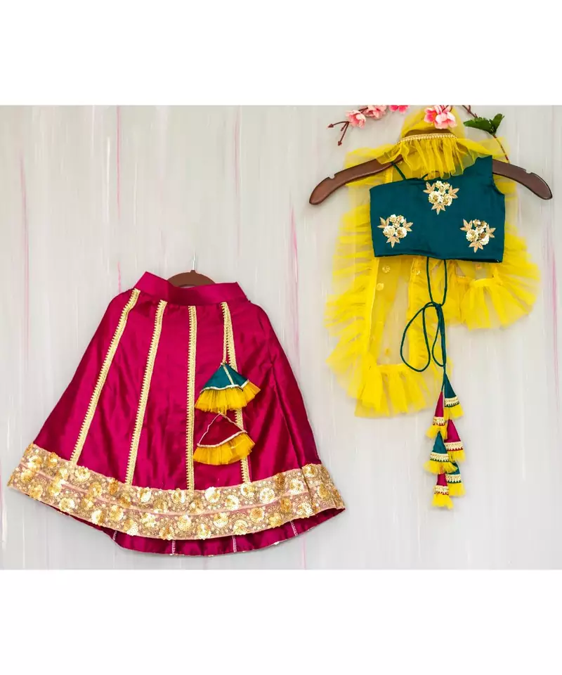 hand embroidered zari work green magenta  lehenga