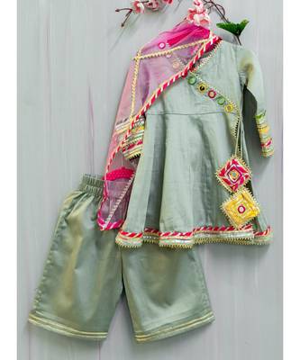 grey cotton hand embroidered mirror work angarkha kurta and palazzo 1