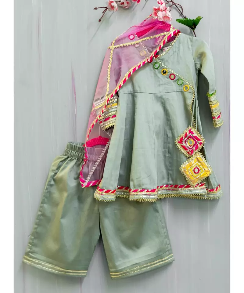 grey cotton hand embroidered mirror work angarkha kurta and palazzo