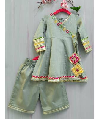 grey cotton hand embroidered mirror work angarkha kurta and palazzo 2