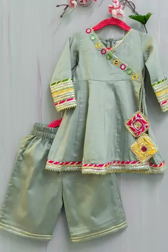 grey cotton hand embroidered mirror work angarkha kurta and palazzo