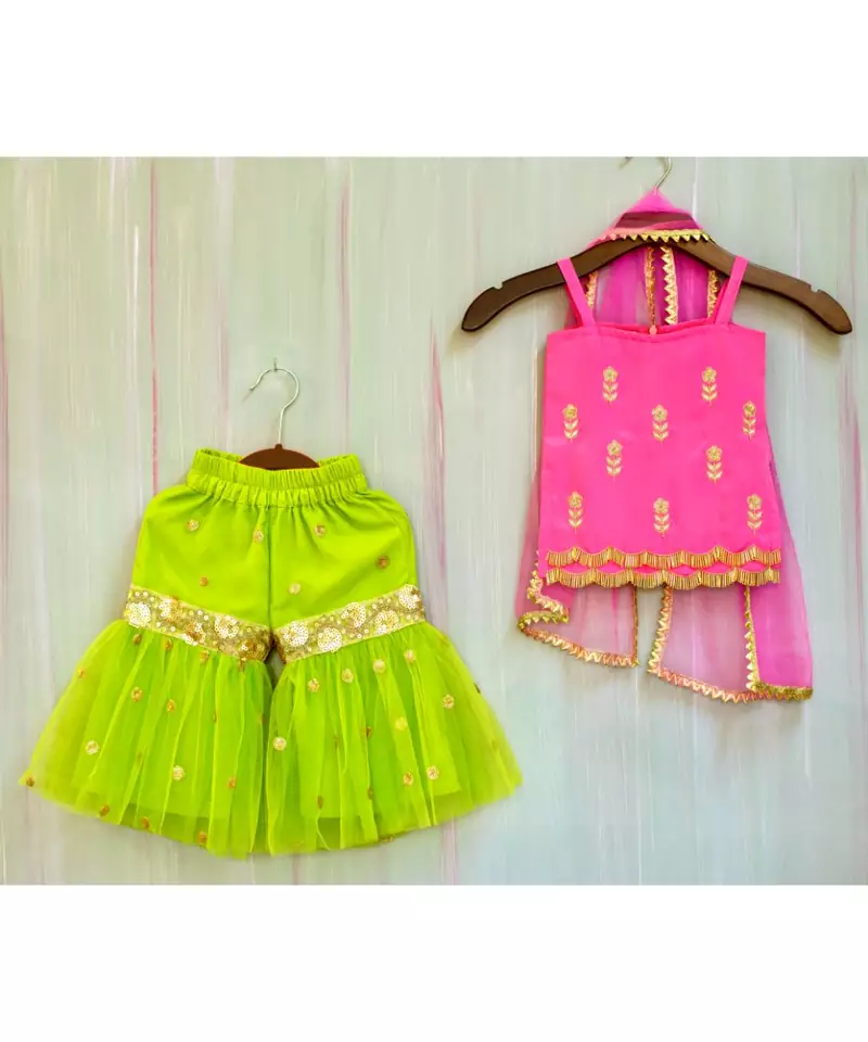 hand embroidered zari work fuchsia pink and green sharara kurta