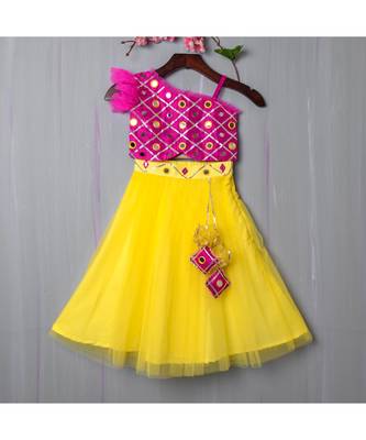 pink and lemon hand embroidered  mirror work lehenga 2