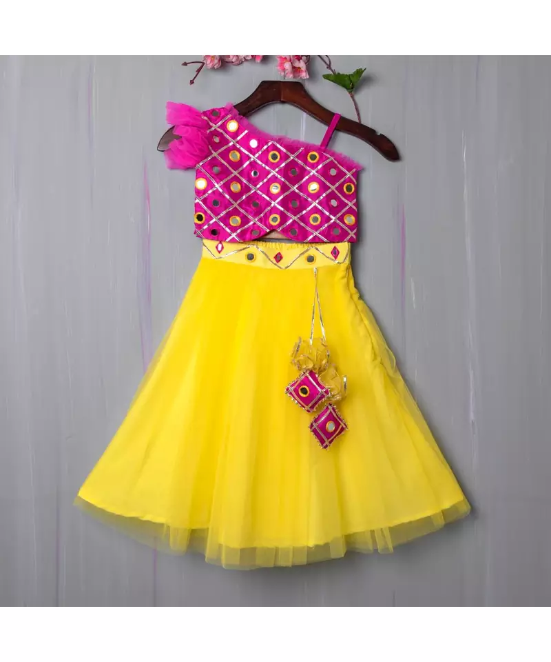 pink and lemon hand embroidered  mirror work lehenga