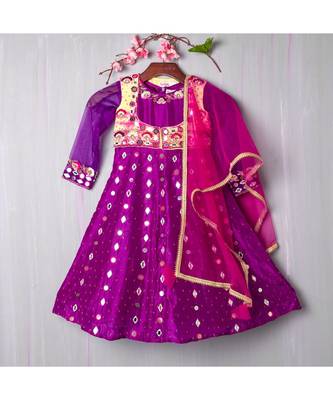 purple hand embroidered resham and mirror work anarkali with koti 1