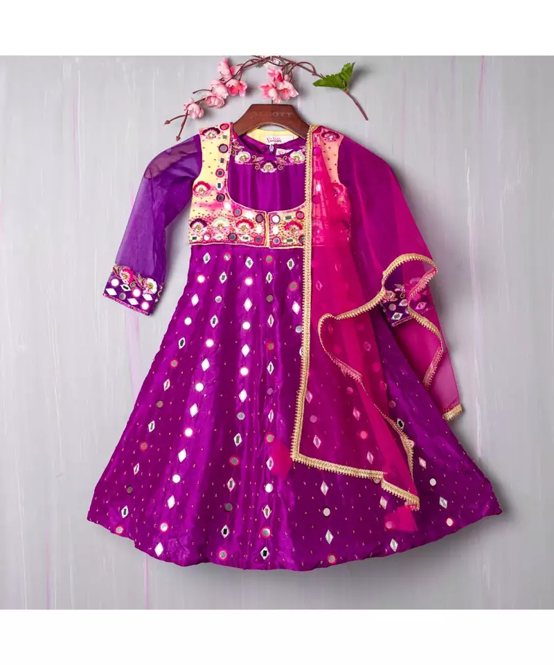 purple hand embroidered resham and mirror work anarkali with koti