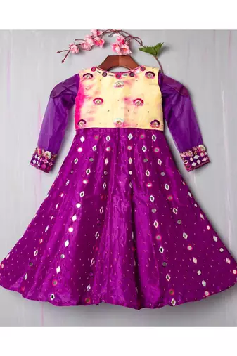 purple hand embroidered resham and mirror work anarkali with koti