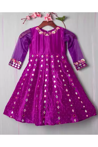 purple hand embroidered resham and mirror work anarkali with koti