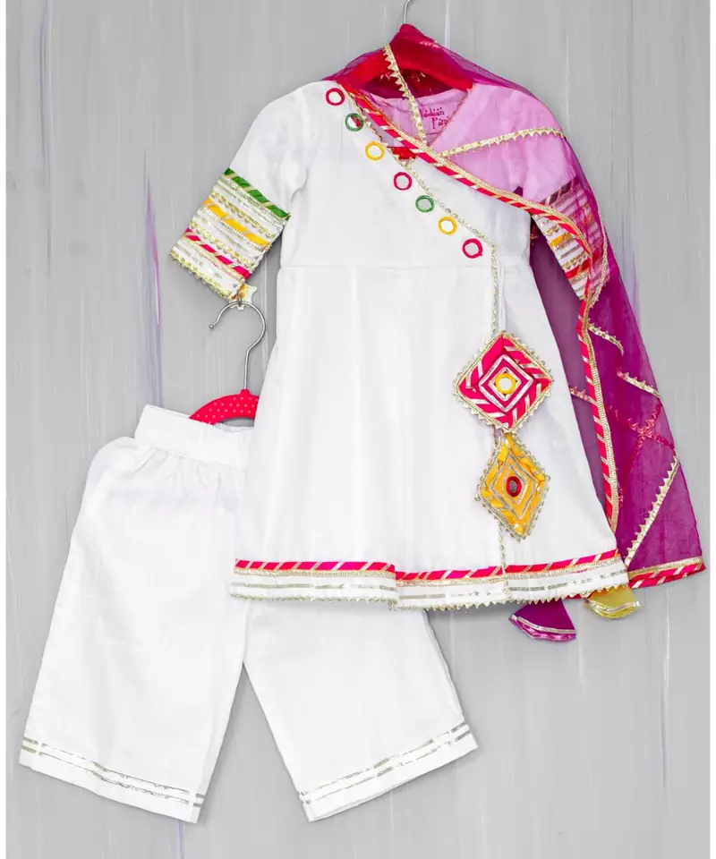 white cotton hand embroidered  mirror work angarkha and palazzo