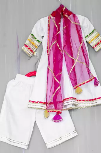 white cotton hand embroidered  mirror work angarkha and palazzo