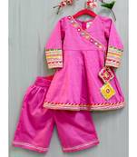 pink cotton hand embroidered mirror work angarkha and palazzo