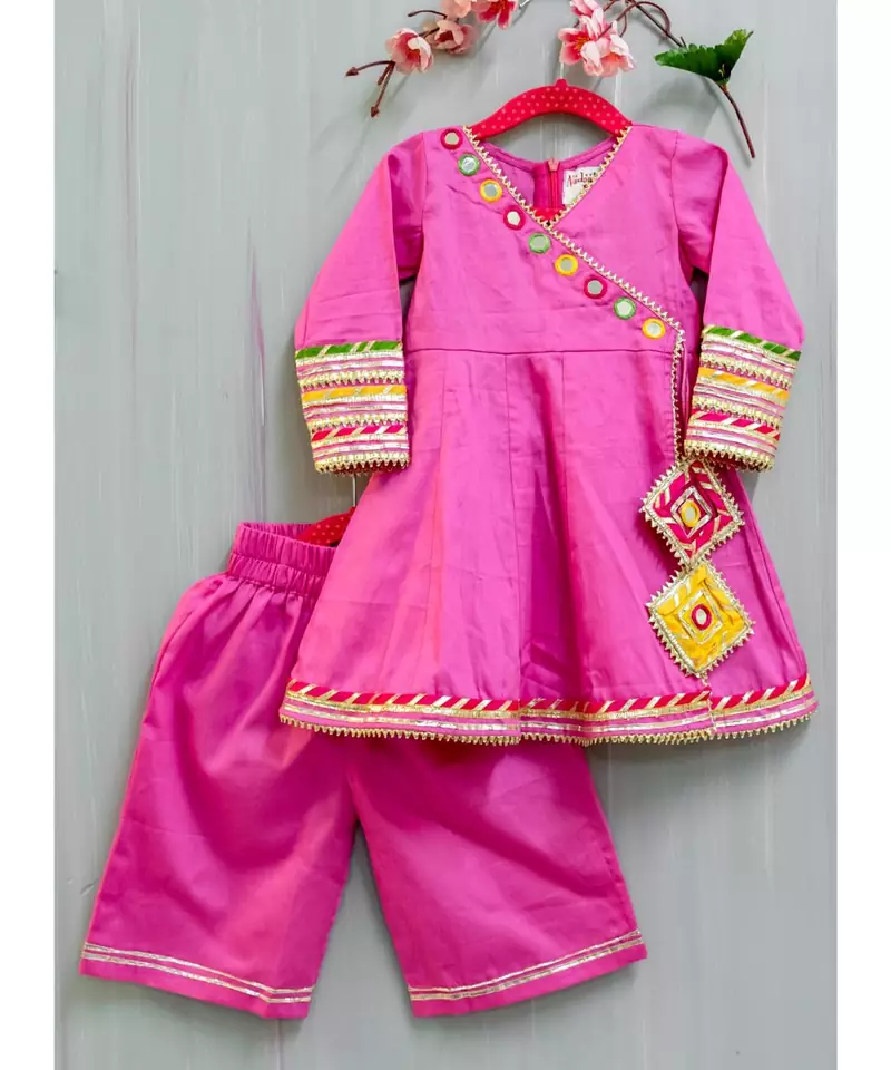 pink cotton hand embroidered mirror work angarkha and palazzo