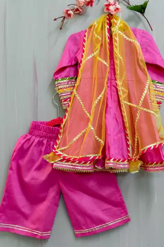 pink cotton hand embroidered mirror work angarkha and palazzo