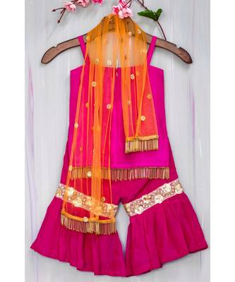 magenta hand embroidered lotus motif sharara kurta 2