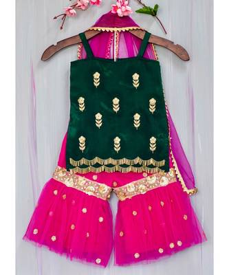 green and magenta hand embroidered zari work sharara kurta 1