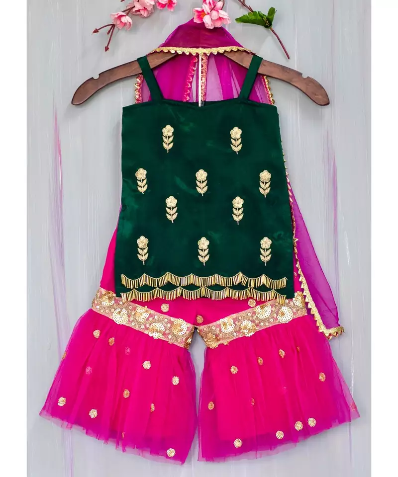 green and magenta hand embroidered zari work sharara kurta