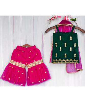 green and magenta hand embroidered zari work sharara kurta 2