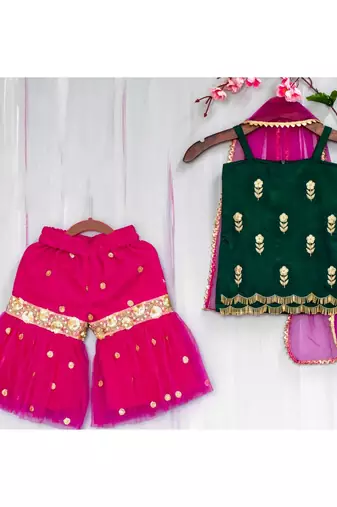 green and magenta hand embroidered zari work sharara kurta