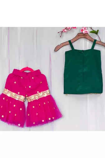 green and magenta hand embroidered zari work sharara kurta