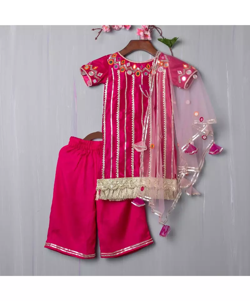magenta hand embroidered mirror work kurta  palazzo