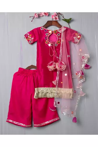 magenta hand embroidered mirror work kurta  palazzo