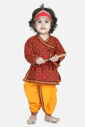 Red Cotton Kanhaiya Dress With Bansuri,Mukut & Band