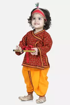 Red Cotton Kanhaiya Dress With Bansuri,Mukut & Band