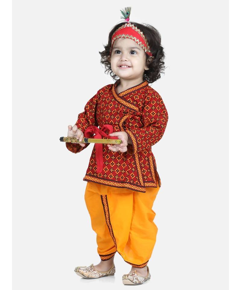 Red Cotton Kanhaiya Dress With Bansuri,Mukut & Band