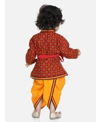 Red Cotton Kanhaiya Dress With Bansuri,Mukut & Band 4