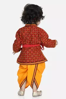 Red Cotton Kanhaiya Dress With Bansuri,Mukut & Band
