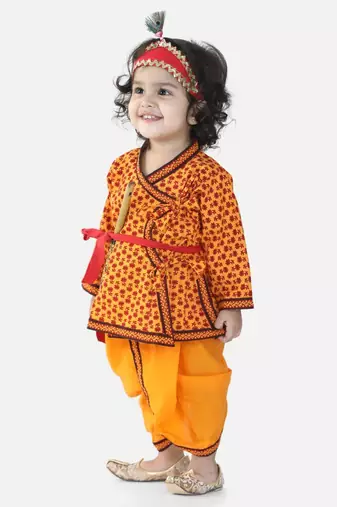 Yellow Cotton Kanhaiya Dress With Bansuri,Mukut & Band 