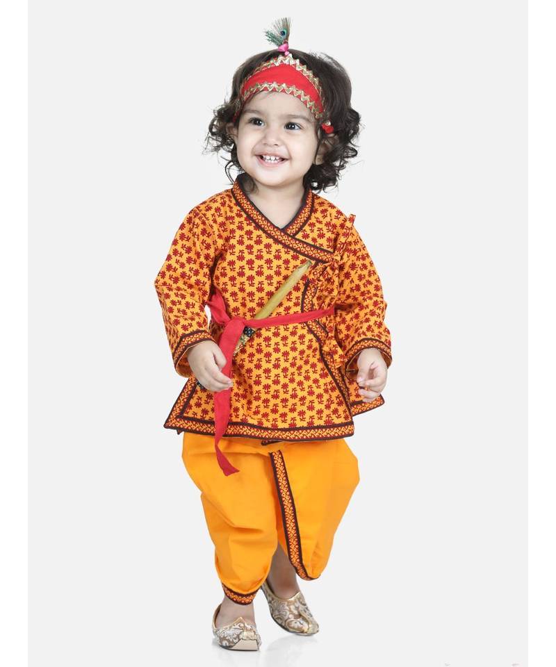 Yellow Cotton Kanhaiya Dress With Bansuri,Mukut & Band 