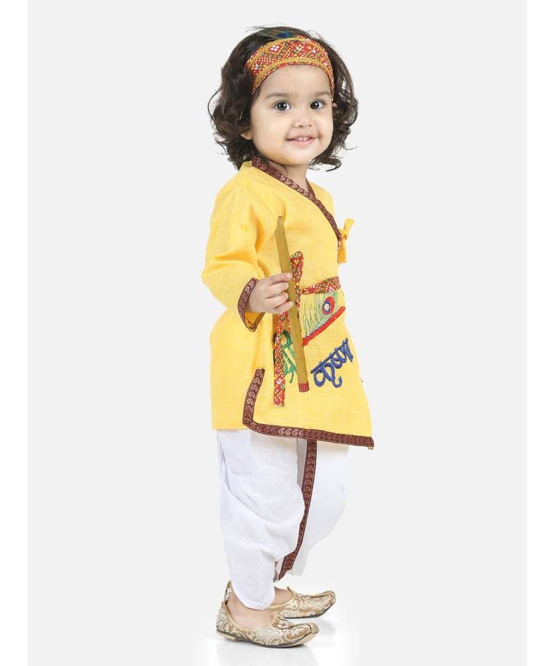 Yellow Full Sleeve Cotton Kanhaiya Dress Morpankh Emb.