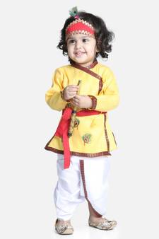 Yellow Cotton Kanhaiya Dress Morpankh Emb.