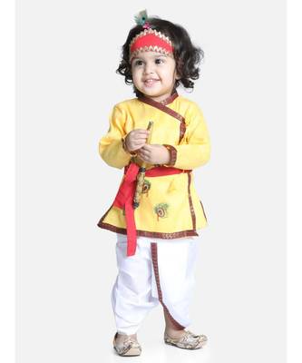 Yellow Cotton Kanhaiya Dress Morpankh Emb. 1