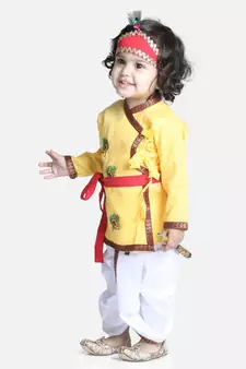 Yellow Cotton Kanhaiya Dress Morpankh Emb.