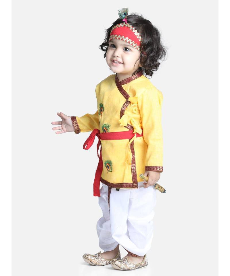 Yellow Cotton Kanhaiya Dress Morpankh Emb.