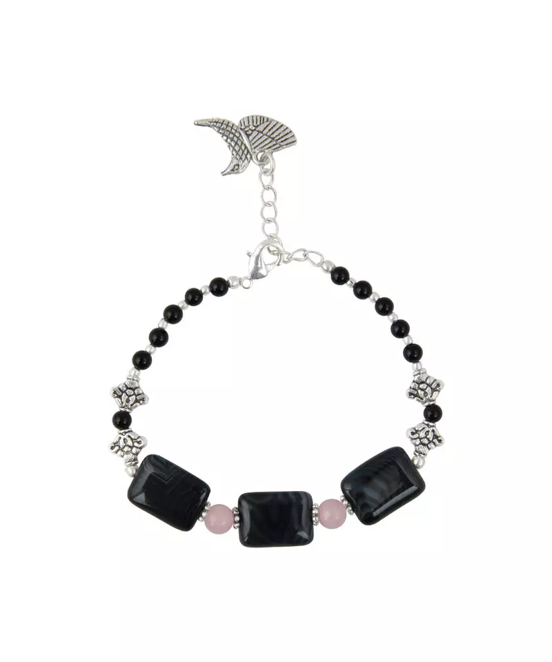 Black Line Agate, Black Onyx and Rose Quartz Beads Bracelet