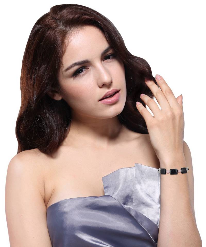 Black Line Agate, Black Onyx and Rose Quartz Beads Bracelet