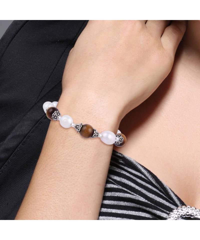 Pearlz Ocean Kenzo Yellow Tiger Eye Gemstone Beads & White Freshwater Pearl 7.5 Inches Bracelet