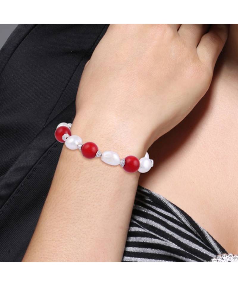 Pearlz Ocean Posey White Freshwater Pearl & Dyed Red Coral Gemstone Bead 7.5 Inches Bracelet