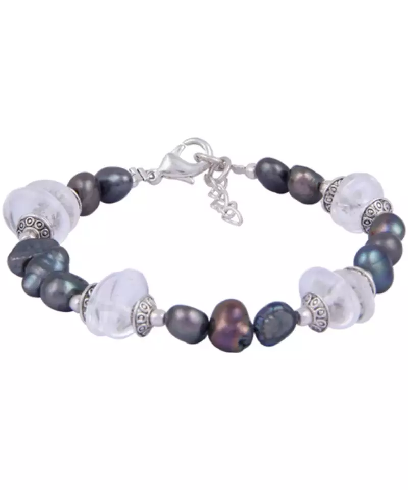 Pearlz Ocean Dragonfly White Crystal & Dyed Black Freshwater Pearl 7.5 Inches Bracelet