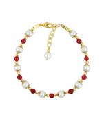 White Freshwater Pearl and Red Jade 7 inches Bracelet with Extension