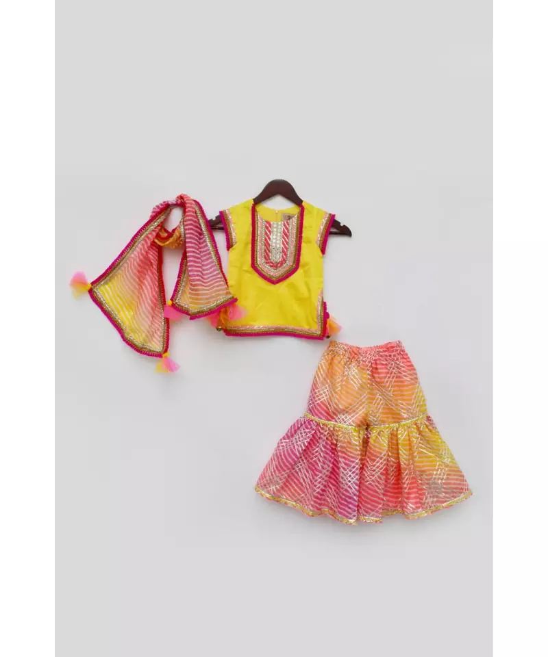 Yellow Kurta with Pink Kotta Print Fabric Sharara and Dupatta Set