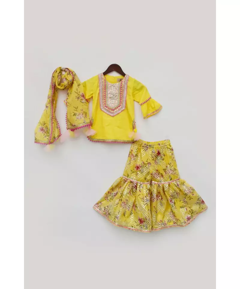 Yellow Kurti with Kotta Print Fabric Sharara and Dupatta
