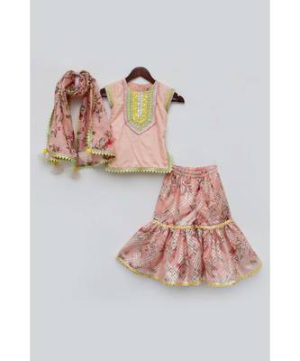 Peach Printed Sharara Set For Girls 1