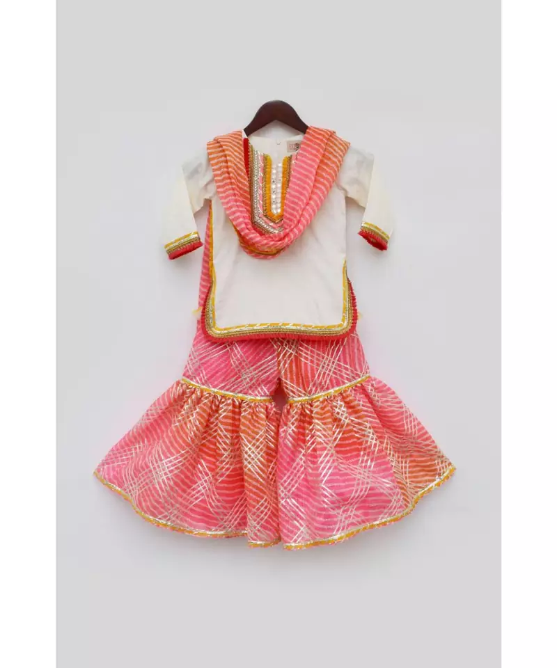 Off White Kurta with Pink Kotta Print Fabric Sharara and Dupatta Set
