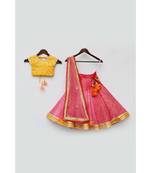 Yellow Sequins Choli with Coral Organza Lehenga and Dupatta